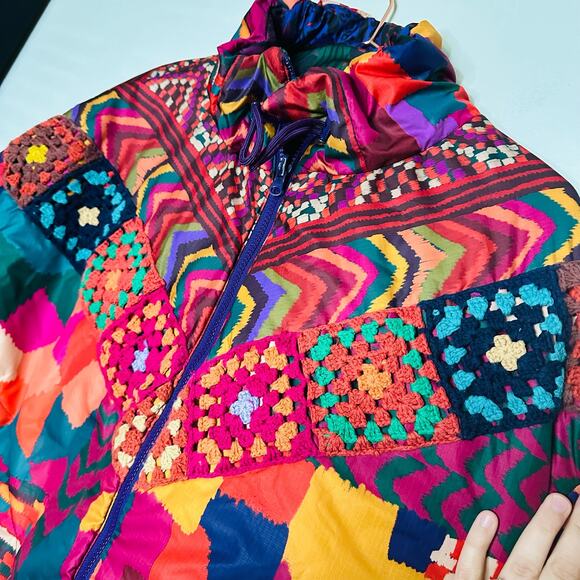 FARM RIO Crochet Patchwork Print Reversible Oversize Puffer Jacket Size Medium - Picture 10 of 16